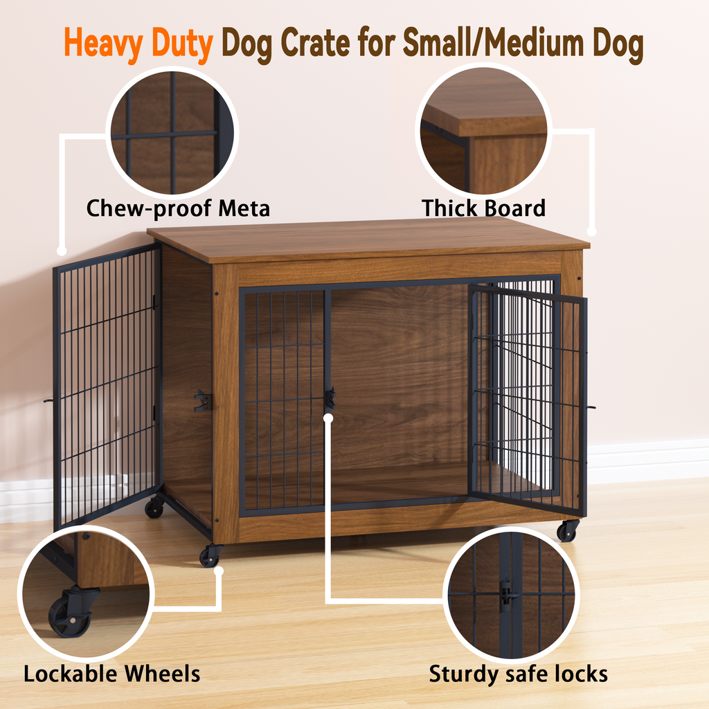 GuluNook 38.6" Dog Crate Furniture with Wheels – Double-Door Indoor Kennel