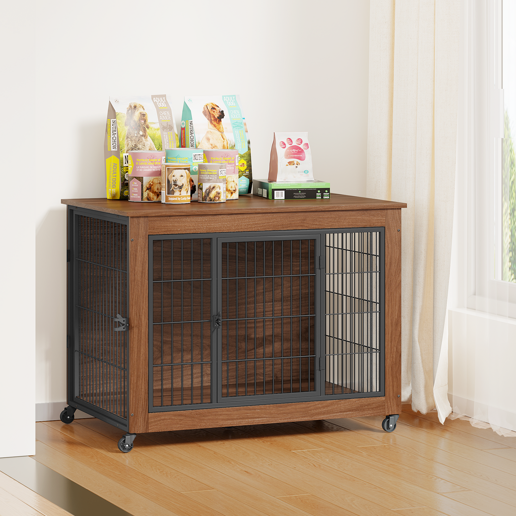 GuluNook 38.6" Dog Crate Furniture with Wheels – Double-Door Indoor Kennel