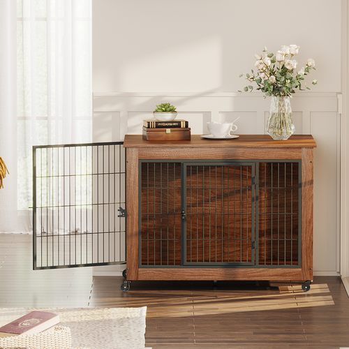 GuluNook 38.6" Dog Crate Furniture with Wheels – Double-Door Indoor Kennel