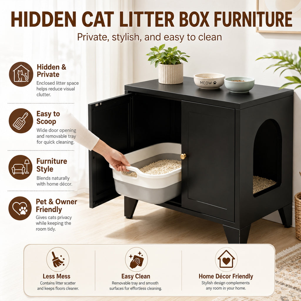 GuluNook Metal Cat Litter Box Enclosure – Modern Hidden Litter Box Furniture