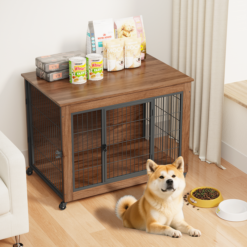 GuluNook 38.6" Dog Crate Furniture with Wheels – Double-Door Indoor Kennel
