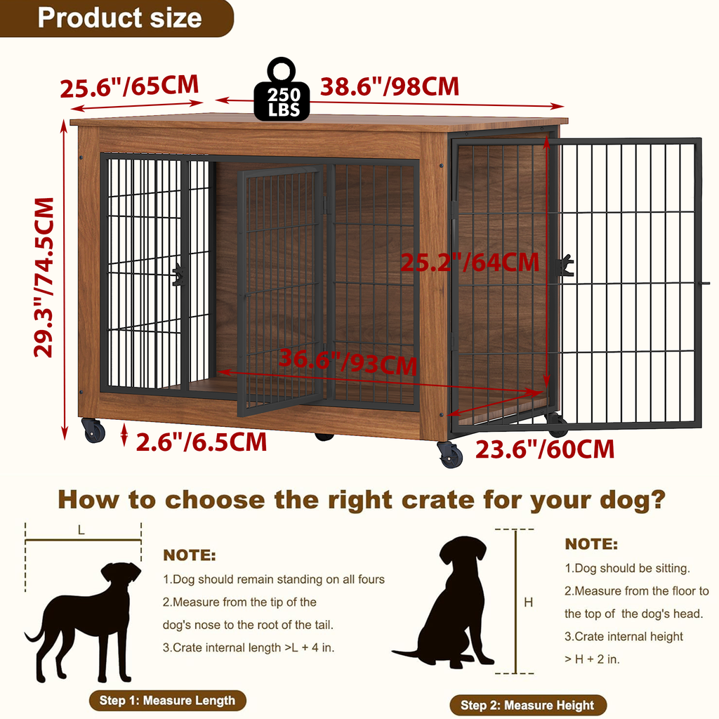 GuluNook 38.6" Dog Crate Furniture with Wheels – Double-Door Indoor Kennel